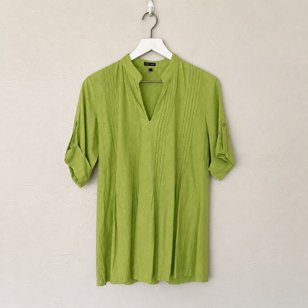 Pure Amici Lime Linen Rayon Pintuck Tunic Top Small Roll Tab Sleeve